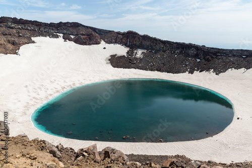 Gorely Volcano crater lake with Mutnovsky Volcano on the background. Kamchatka, Russia