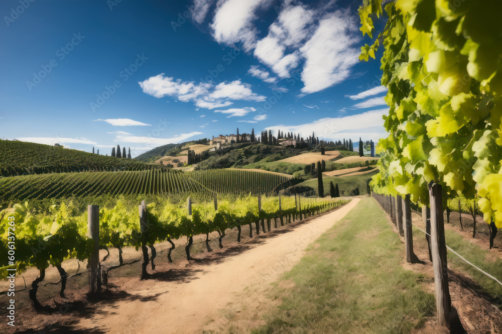 Naklejka premium Digital landscape photo of grape plantation of a dreamy winery in Tuscany. Concept of ecological environment. Generative AI