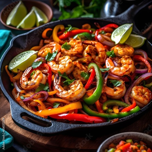 Sizzling shrimp fajitas with peppers and onions