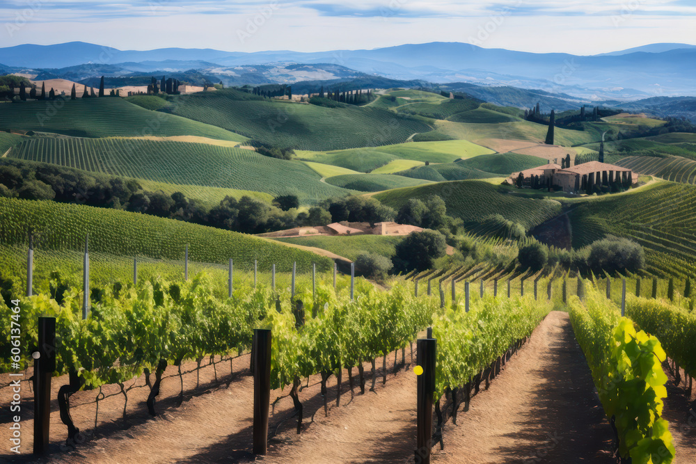 Fototapeta premium Digital landscape photo of grape plantation of a dreamy winery in Tuscany. Concept of ecological environment. Generative AI