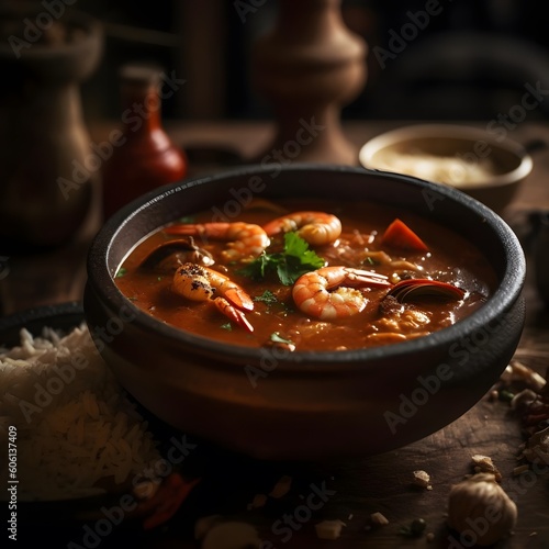 A Spicy Seafood Gumbo in a Rustic Ceramic Bowl