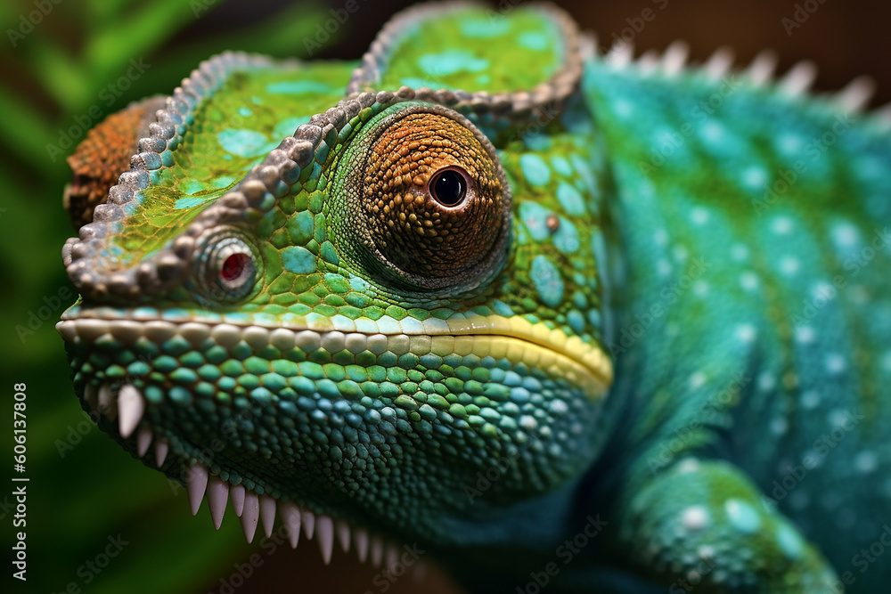 Generative AI. Close-up portrait of a chameleon with a green hue. Generative AI. Close-up portrait of a chameleon with a green hue.
