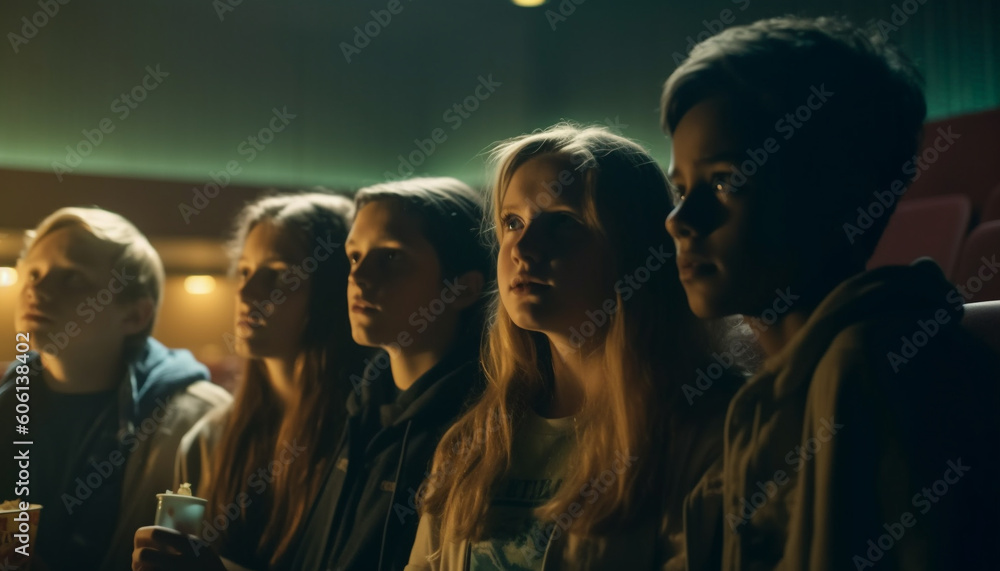 Young adults smiling, bonding in illuminated nightclub generated by AI