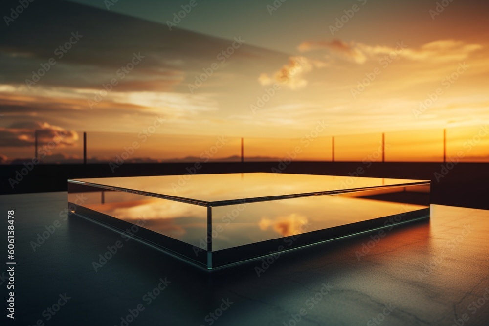 Sleek Glass Platform with Reflective Properties Against Gradient Sunset Backdrop: Ideal Scene for Product Exhibitions generative AI