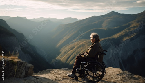 Senior man conquers mountain peak with wheelchair generated by AI