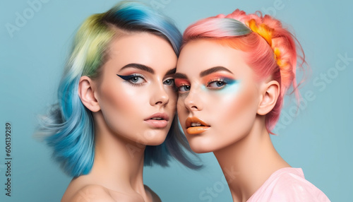 Beautiful fashion model with shiny multi colored eyeshadow generated by AI