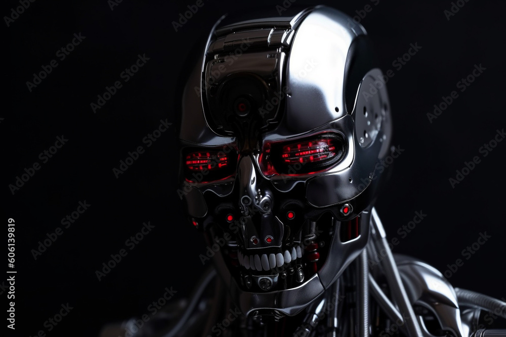 Fototapeta premium Android scary robot made of metal. Ai generated