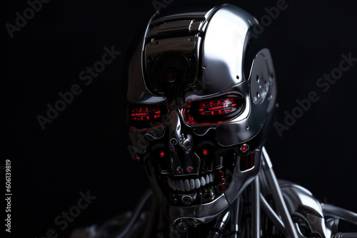 Android scary robot made of metal. Ai generated © dragomirescu