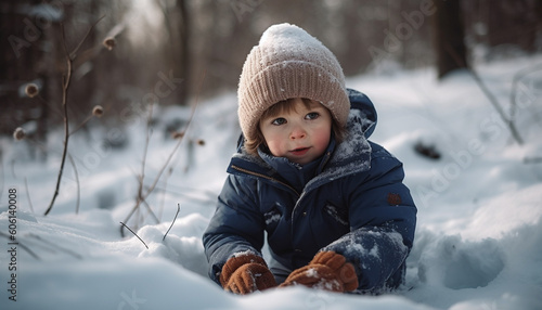 Cute Caucasian toddler playing in winter wonderland generated by AI
