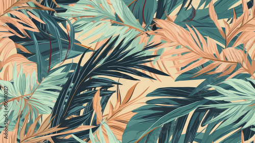Palm Green and pink leaves, green tropical pattern, leaves in the tropics forest pastel. generative ai, generative, ai