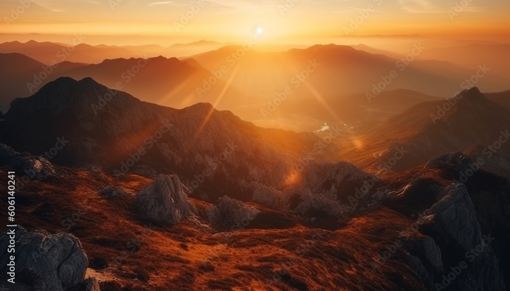 Majestic mountain peak back lit by sunset generated by AI