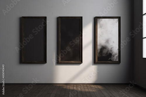 Three paintings on a white wall. Design decor in the interior with a lot of daylight. generative ai.