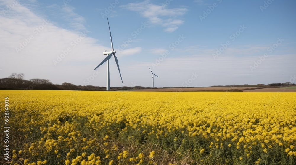 Wind turbine in a yellow flower field, Alternative energy. Generative AI Wind turbine in a yellow flower field, Alternative energy. Generative AI