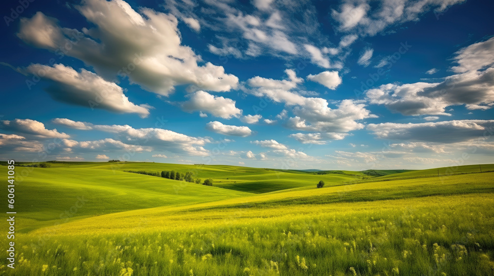 Green grass field landscape. Generative AI Green grass field landscape. Generative AI