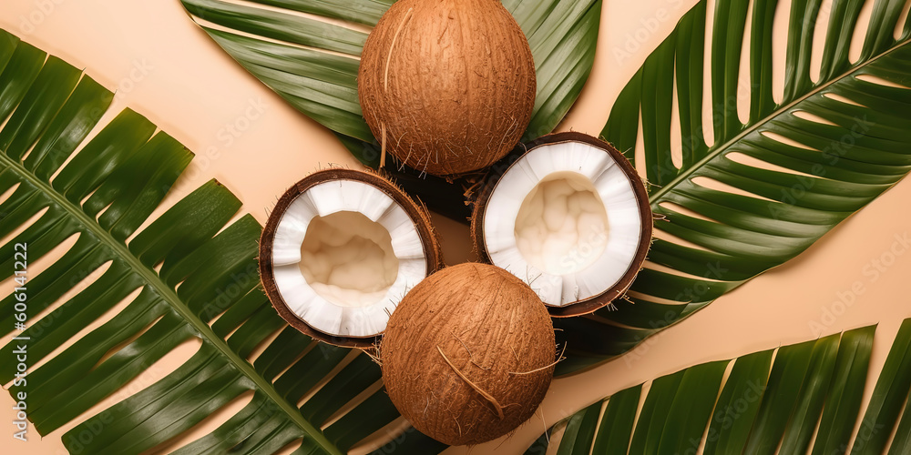 Tropical Summer Delight: Fresh Halved Fruits with Monstera Leaf. Top View on Soft Color Backdrop. AI Generated. Tropical Summer Delight: Fresh Halved Fruits with Monstera Leaf. Top View on Soft Color Backdrop. AI Generated.