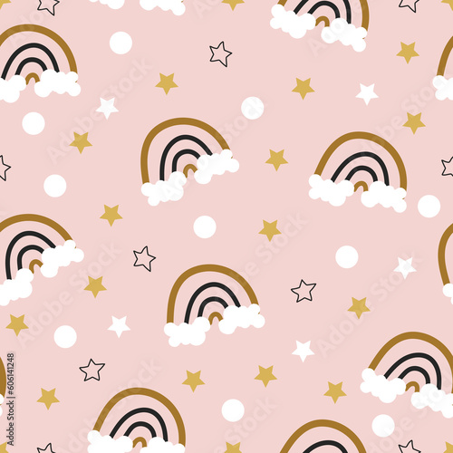 Playful babyish seamless surface pattern design. Allover printed whimsical arrangement of childish, girlish and infantile motifs photo