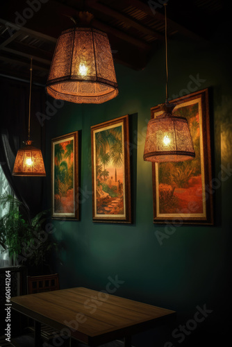 Hallway design with Indian lamps, three paintings on the walls in the framework of evening light, dark walls. generative ai. © MoreThanProd