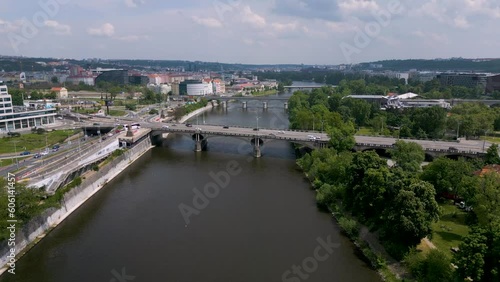 Aerial drone footage of Prague Holesovice with bridge under contruction