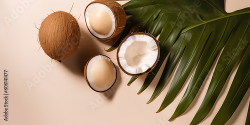 Juicy Summer Refreshment: Top View of Fresh Fruit Halves with Monstera Leaf. Serene Backdrop. AI Generated.