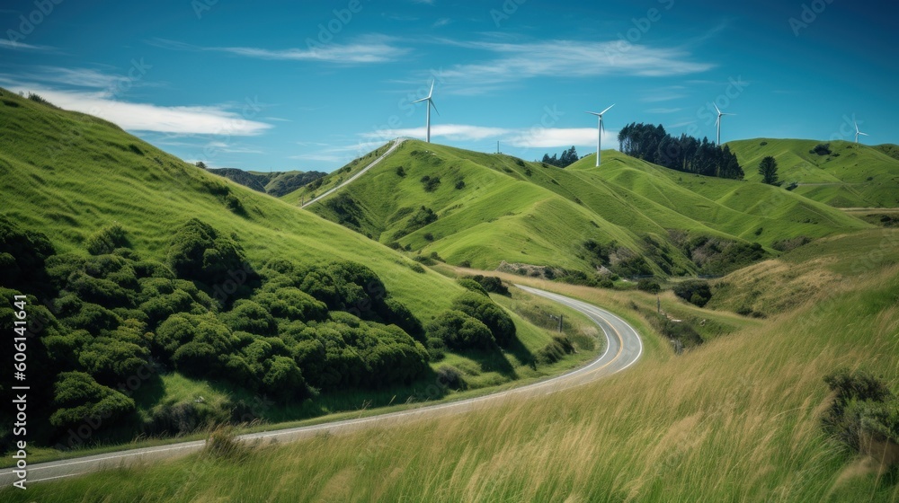 Wind turbines on the hill. green alternative energy. Generative AI