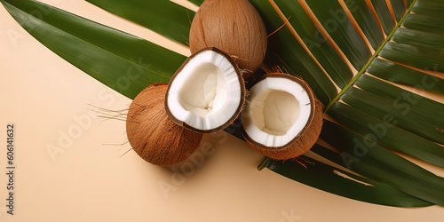 Exotic Fruit Paradise: Fresh and Halved Coconut with Monstera Leaf. Top View on Soft Backdrop. AI Generated.