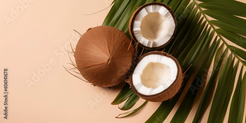 Exotic Fruit Paradise: Fresh and Halved Coconut with Monstera Leaf. Top View on Soft Backdrop. AI Generated.