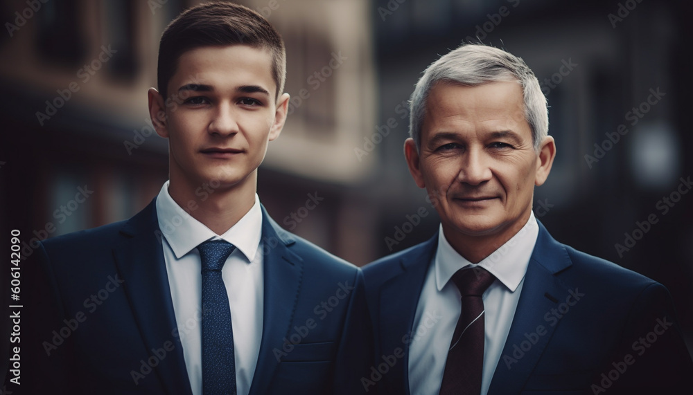 Two successful businessmen smiling, looking at camera generated by AI Two successful businessmen smiling, looking at camera generated by AI