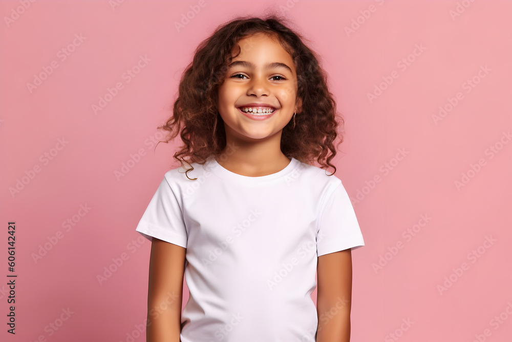 Female child, girl wearing bella canvas white shirt mockup, at pink background. Design tshirt template, print presentation mock-up. AI generated. Female child, girl wearing bella canvas white shirt mockup, at pink background. Design tshirt template, print presentation mock-up. AI generated.