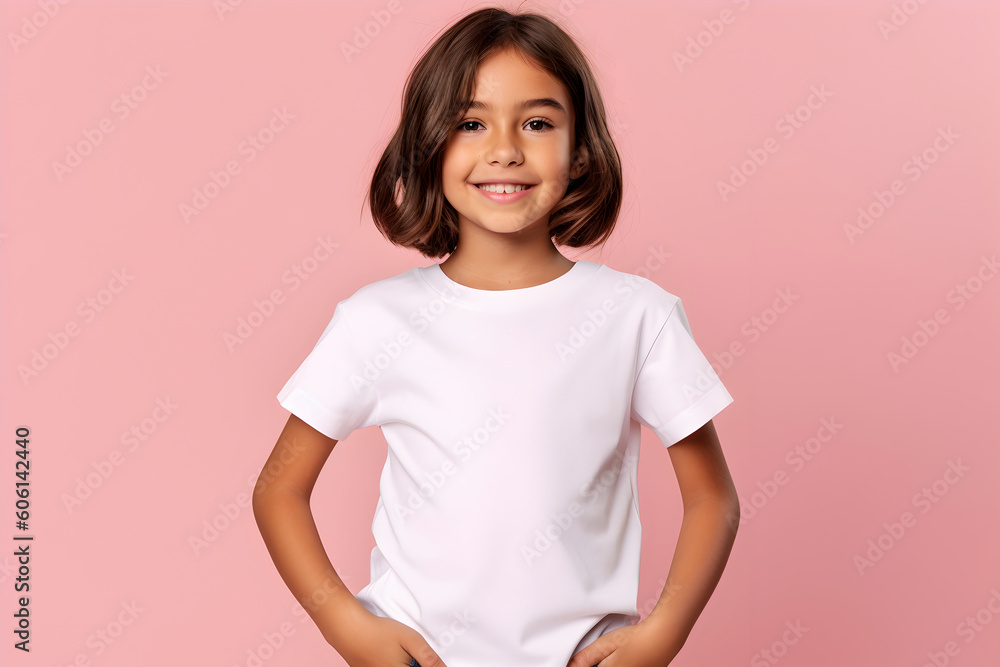 Female child, girl wearing bella canvas white shirt mockup, at pink background. Design tshirt template, print presentation mock-up. AI generated. Female child, girl wearing bella canvas white shirt mockup, at pink background. Design tshirt template, print presentation mock-up. AI generated.