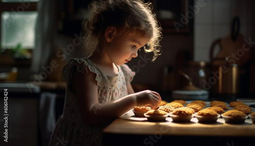 Cute girl baking homemade chocolate muffins indoors happily generated by AI