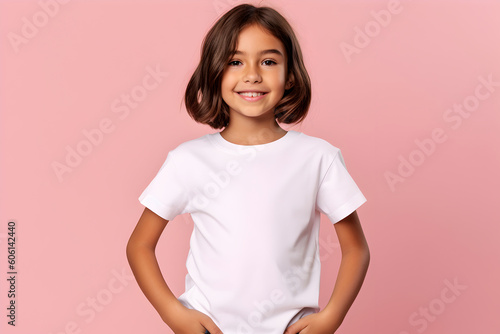 Female child, girl wearing bella canvas white shirt mockup, at pink background. Design tshirt template, print presentation mock-up. AI generated.