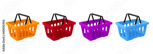 Set of colored empty plastic baskets for products, goods. The concept of shopping, hypermarkets, supermarkets, retail.