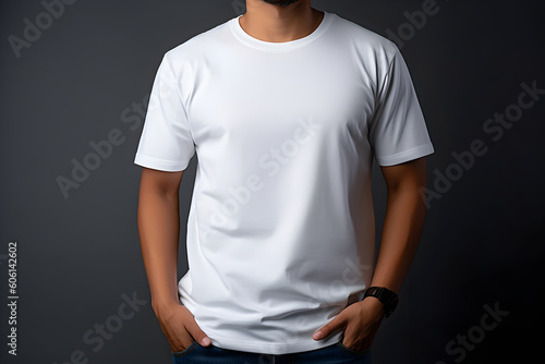 Young man wearing bella canvas white shirt mockup, at dark gray background. Design tshirt template, print presentation mock-up. AI generated.