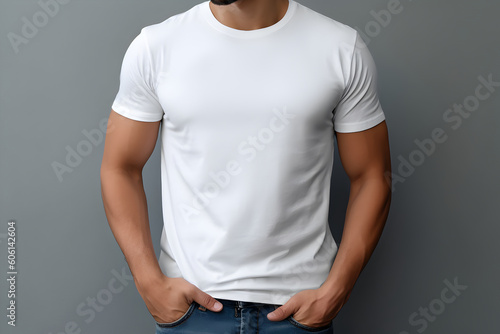 Young man wearing bella canvas white shirt mockup, at dark gray background. Design tshirt template, print presentation mock-up. AI generated.