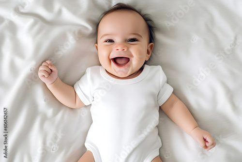 Baby wearing white shirt bodysuit mockup, at white bed background. Design onesie template, print presentation mock-up. Top view. AI generated.