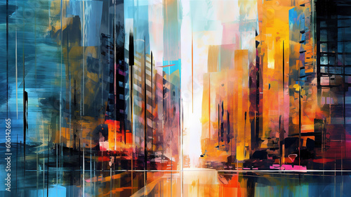 Abstract city street view - grungy painting - generative AI, AI generated