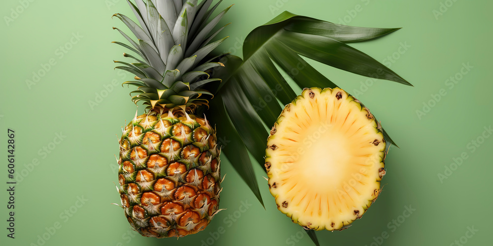 Summer fruit concept. Top view photo. Fresh and halved fruit with monstera leaf on soft color backdrop. AI Generated. Summer fruit concept. Top view photo. Fresh and halved fruit with monstera leaf on soft color backdrop. AI Generated.