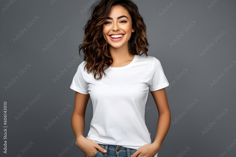Young woman wearing bella canvas white shirt mockup, at dark gray background. Design tshirt template, print presentation mock-up. AI generated. Young woman wearing bella canvas white shirt mockup, at dark gray background. Design tshirt template, print presentation mock-up. AI generated.
