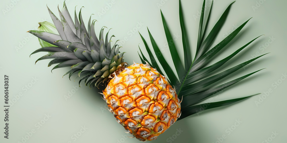 Tropical Fruit Delight: Fresh Halved Fruits with Monstera Leaf. Top View on Soft Color Backdrop. AI Generated.