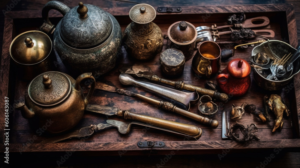 A collection of antique tea utensils displayed on a wooden tray Generative AI A collection of antique tea utensils displayed on a wooden tray Generative AI