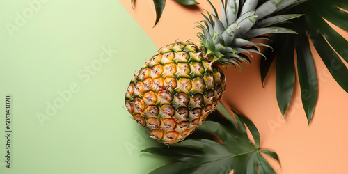 Tropical Fruit Delight  Fresh Halved Fruits with Monstera Leaf. Top View on Soft Color Backdrop. AI Generated.