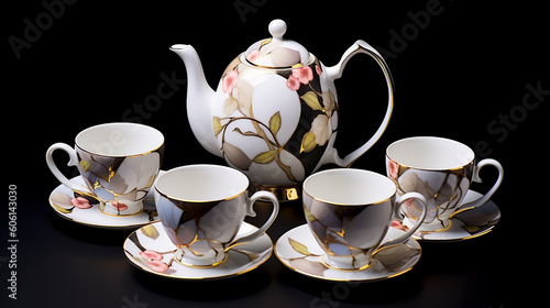 A gracefully arranged tea set with delicate porcelain cups and a teapot Generative AI