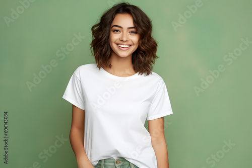 Young woman wearing bella canvas white shirt mockup, at green background. Design tshirt template, print presentation mock-up. AI generated.