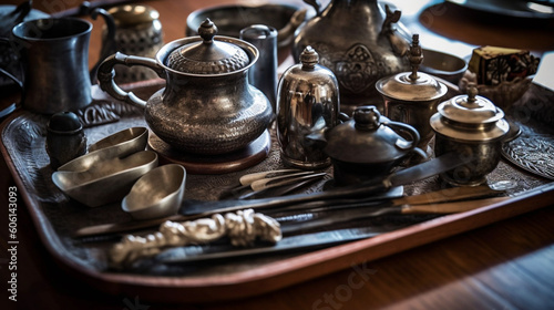 A collection of antique tea utensils displayed on a wooden tray Generative AI