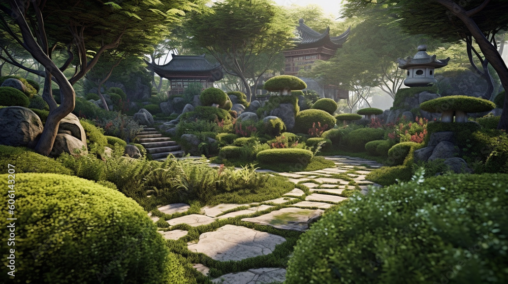 A tranquil tea garden with stone pathways and meticulously pruned shrubs Generative AI