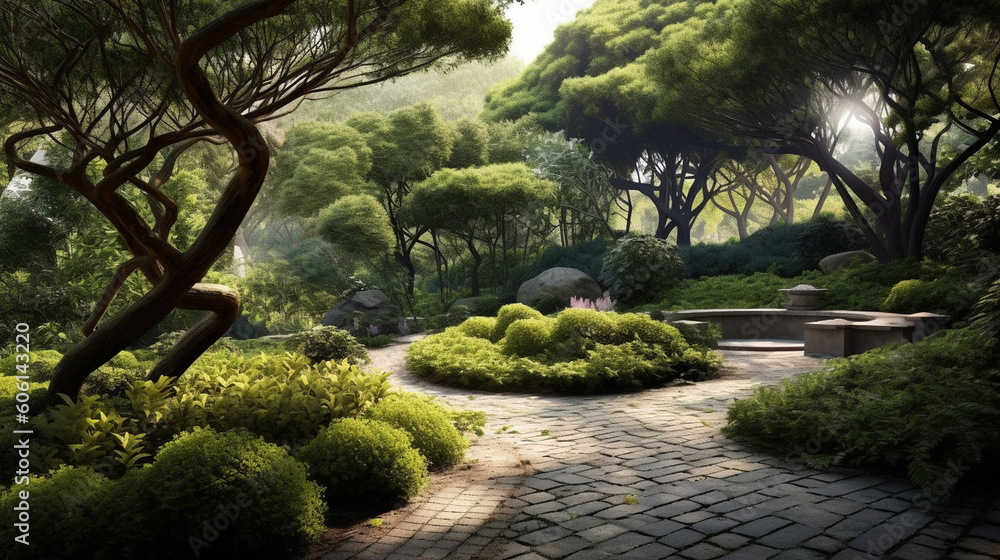 Fototapeta premium A tranquil tea garden with stone pathways and meticulously pruned shrubs Generative AI