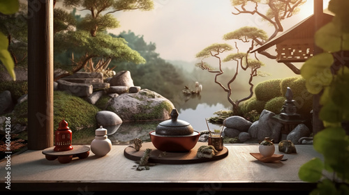 A tea ceremony set against a backdrop of a serene Zen garden Generative AI