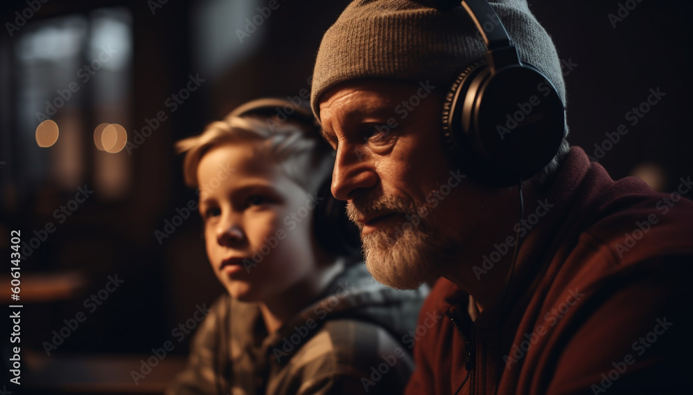 Father and son bonding over music outdoors generated by AI