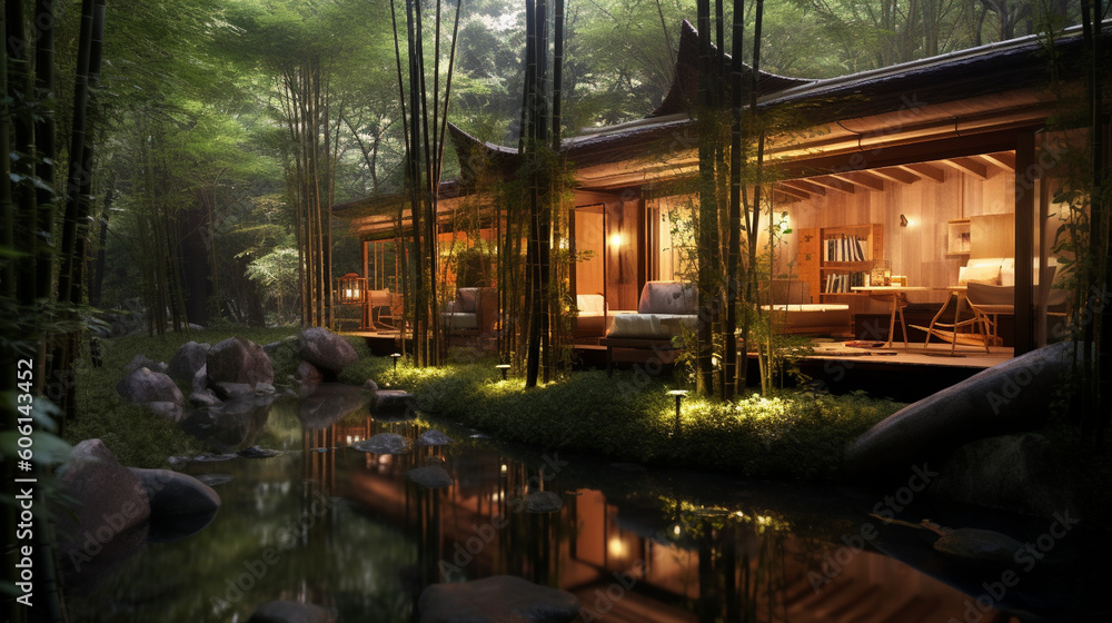 A tranquil teahouse nestled in a bamboo grove Generative AI