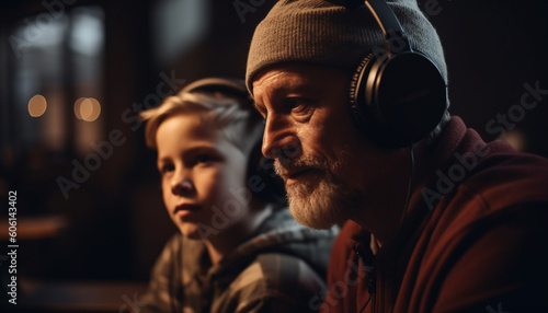 Father and son bonding over music outdoors generated by AI